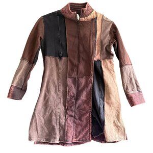Avatar Boho Patchwork Zip Front Asymmetrical Jacket Women's Hippie Brown Black